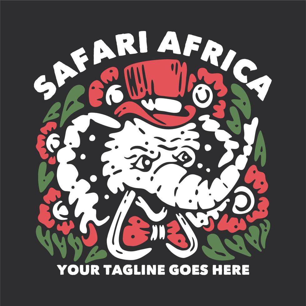 design de camiseta safari áfrica com elefante usando chapéu e gravata e ilustração vintage de fundo cinza vetor