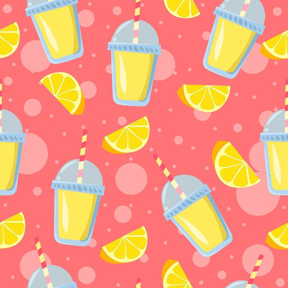 pedaços de limão e copos de limonada com bolhas cor de rosa no fundo vetor