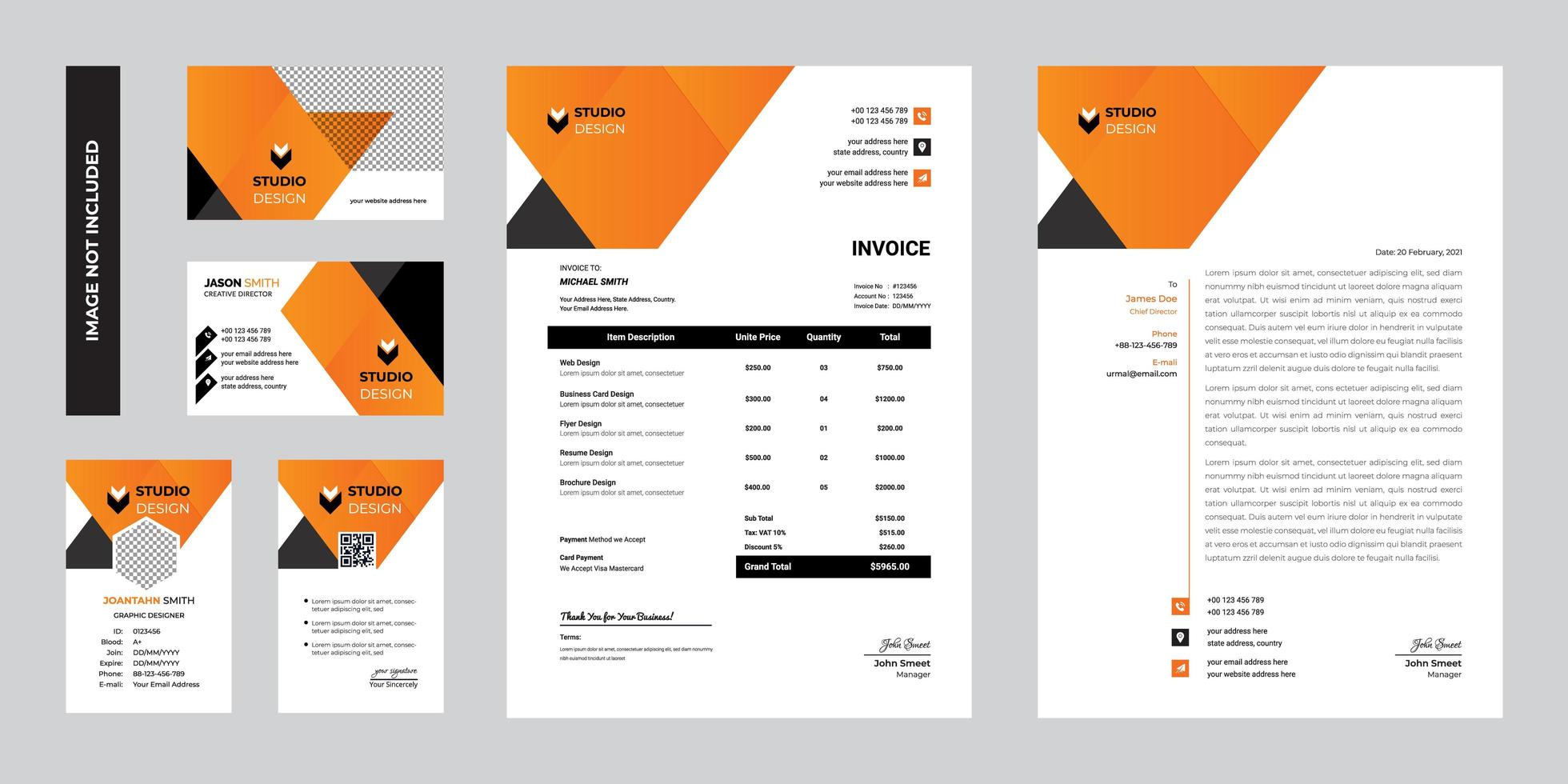 design de modelo de papelaria corporativa de negócios modernos laranja vetor