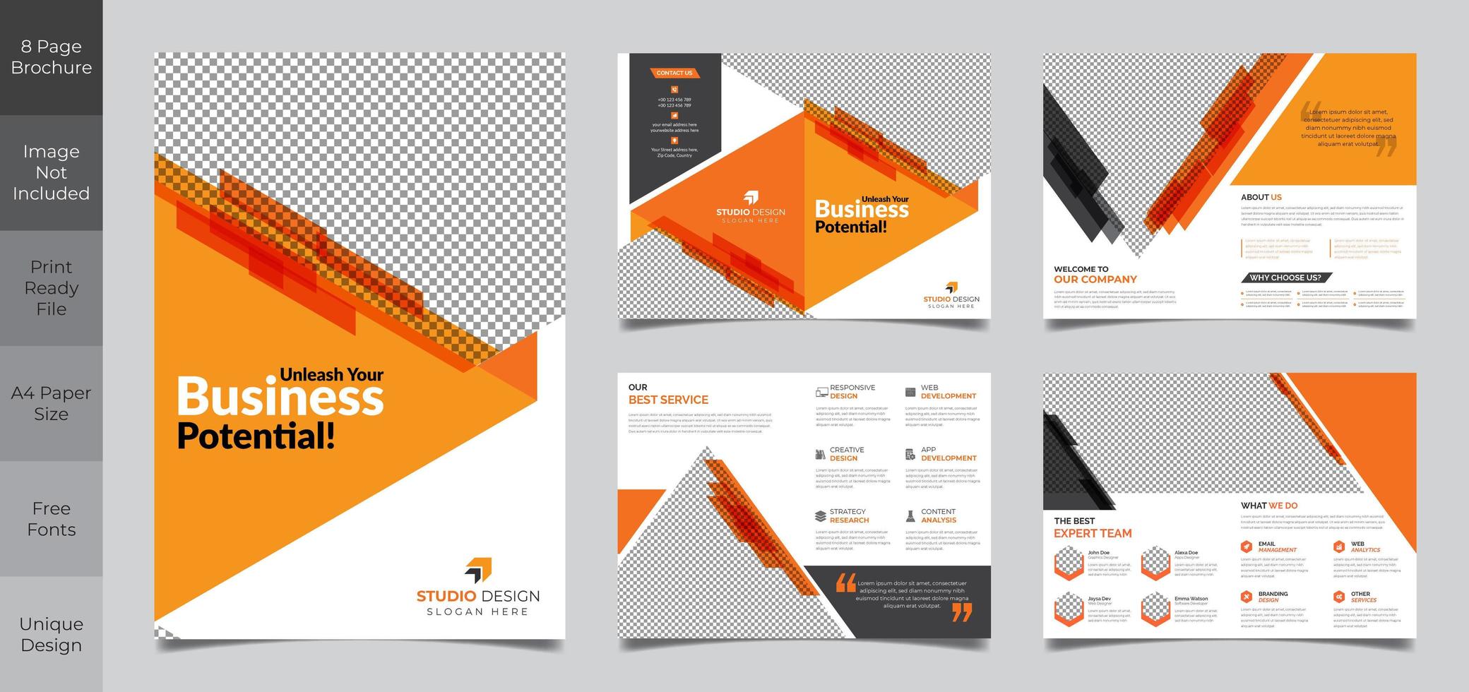 Design de modelo de folheto de 8 páginas em laranja vetor