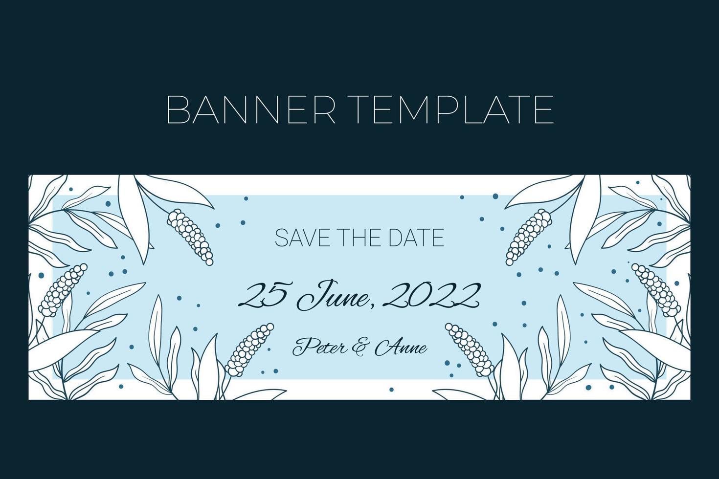 modelo de banner horizontal de casamento floral em estilo doodle desenhado à mão, salve o design de cartão de convite de data com flores de linha e folhas, pontos. quadro decorativo de vetor em fundo branco e azul.