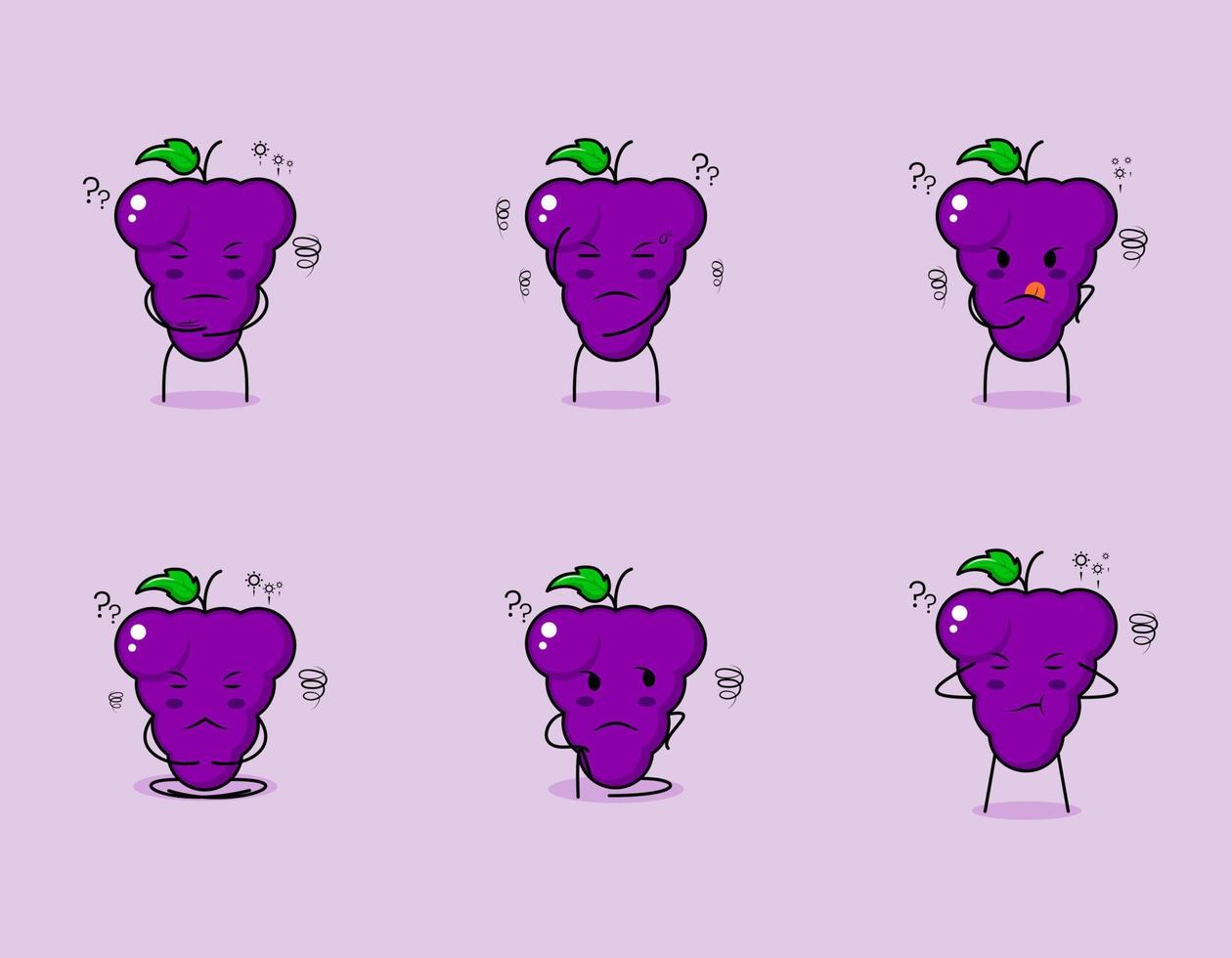 coleção de personagem de desenho animado de uva bonito com expressão de pensamento. adequado para emoticon, logotipo, símbolo e mascote. como emoticon, adesivo ou logotipo de frutas vetor