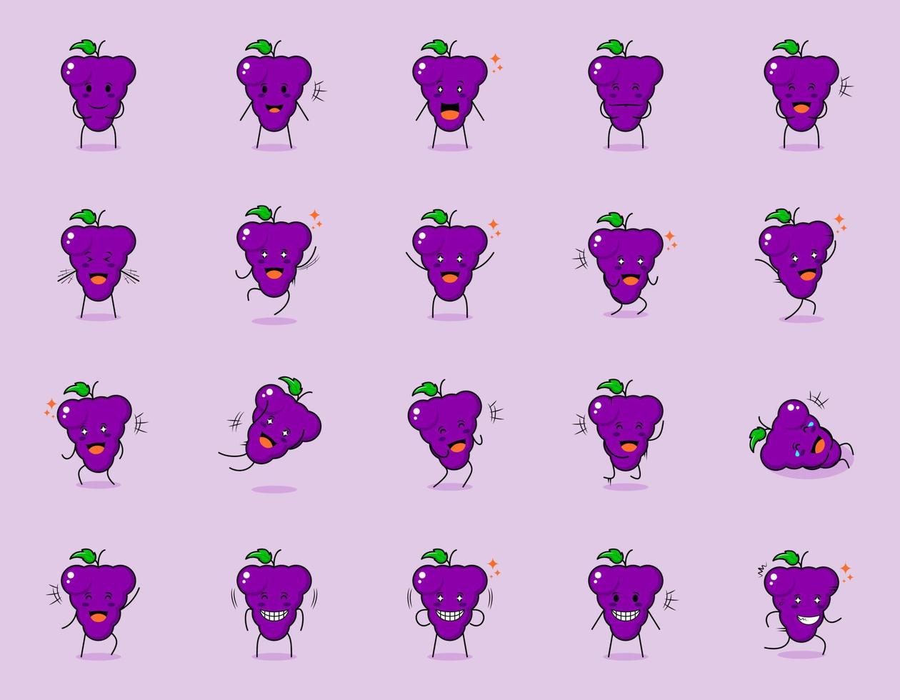 coleção de personagem de desenho animado de uva bonito com expressão feliz e sorridente. adequado para emoticon, logotipo, símbolo e mascote. como emoticon, adesivo ou logotipo de frutas vetor