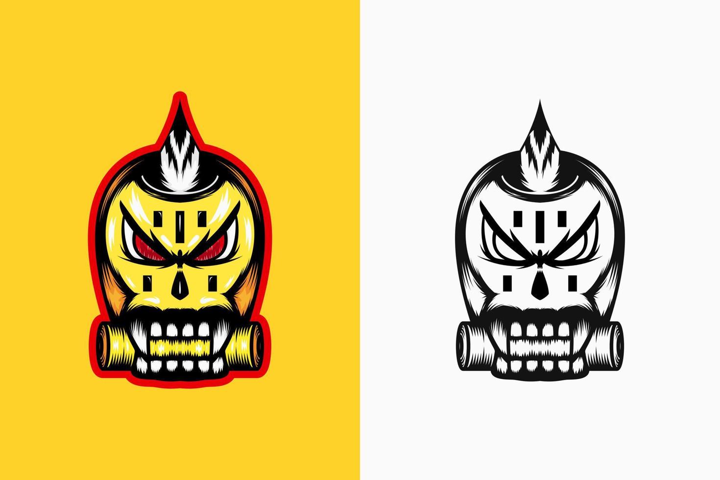 monstro de caveira amarela com presas e olhos vermelhos. estilo de arte de cor, detalhado e linha. adequado para design de mascote, logotipo, símbolo e t-shirt vetor