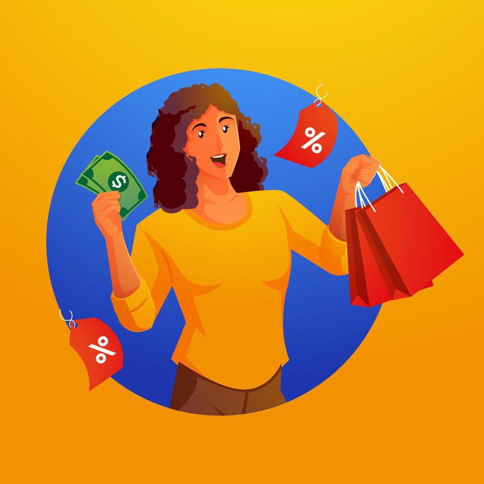 uma mulher de compras segurando uma sacola de compras e dinheiro vetor