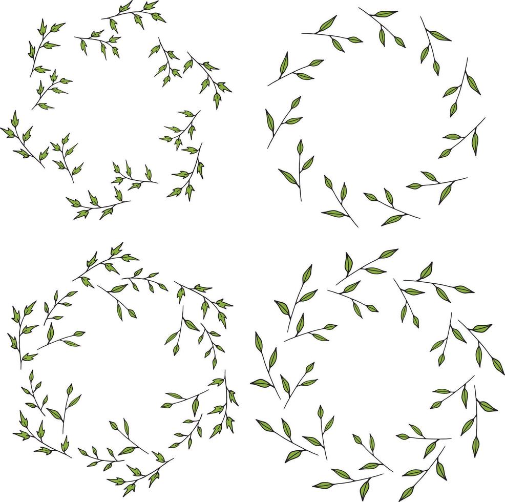 quatro molduras redondas feitas de galhos verdes. coroas de flores em fundo branco para seu projeto vetor