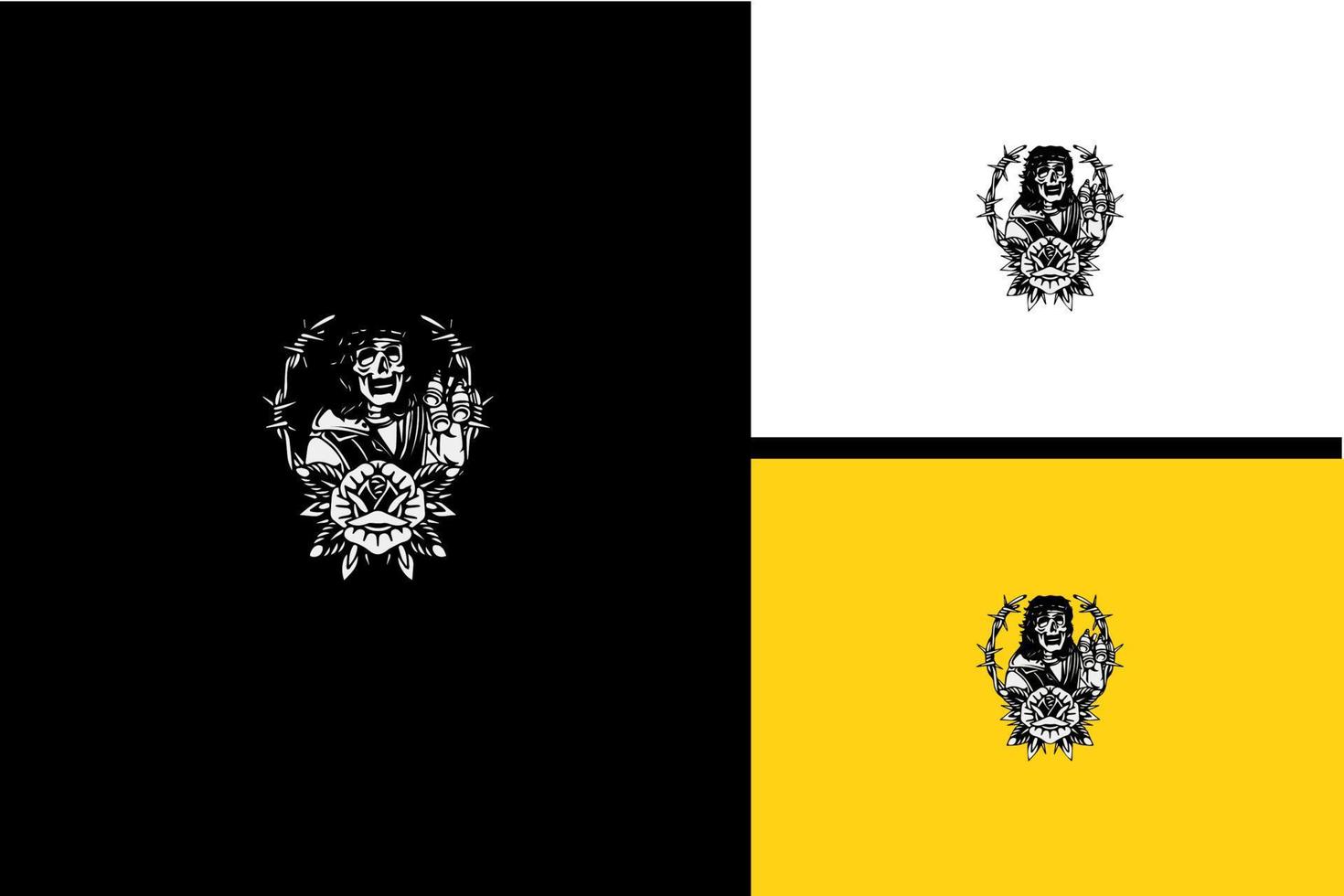 design do logotipo do vetor de caveira e flor preto e branco