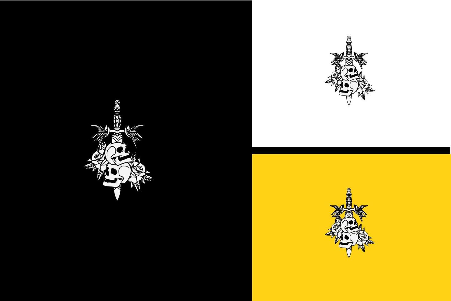 design do logotipo da cabeça do crânio e flores vetor preto e branco