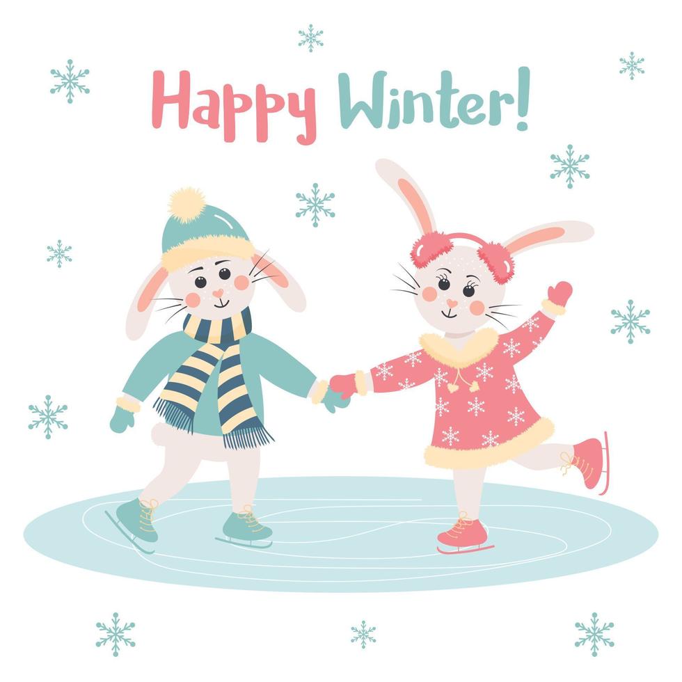coelhos fofos menino e menina estão patinando. feliz citação de inverno e flocos de neve. vetor