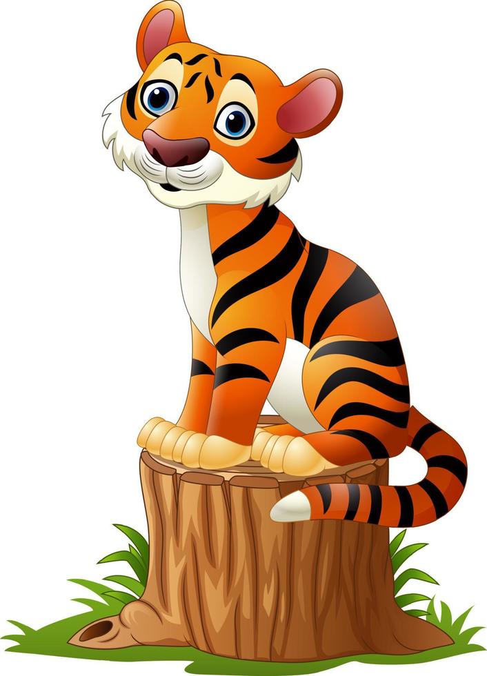 tigre de desenho animado sentado no toco de árvore vetor