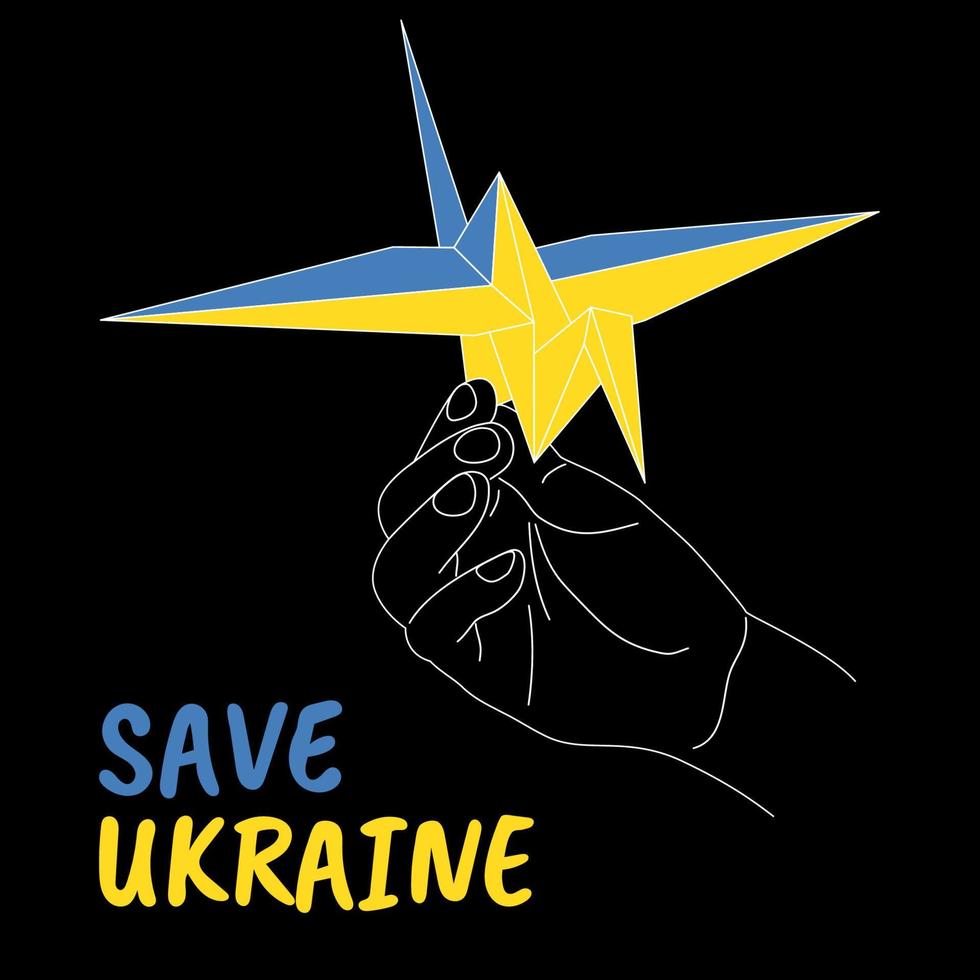 mão de conceito de paz segurando o guindaste de origami de papel nas cores amarelas azuis da bandeira ucraniana, salve o roteiro da ucrânia, símbolo japonês da paz, sem guerra na ilustração vetorial de pôster da ucrânia vetor