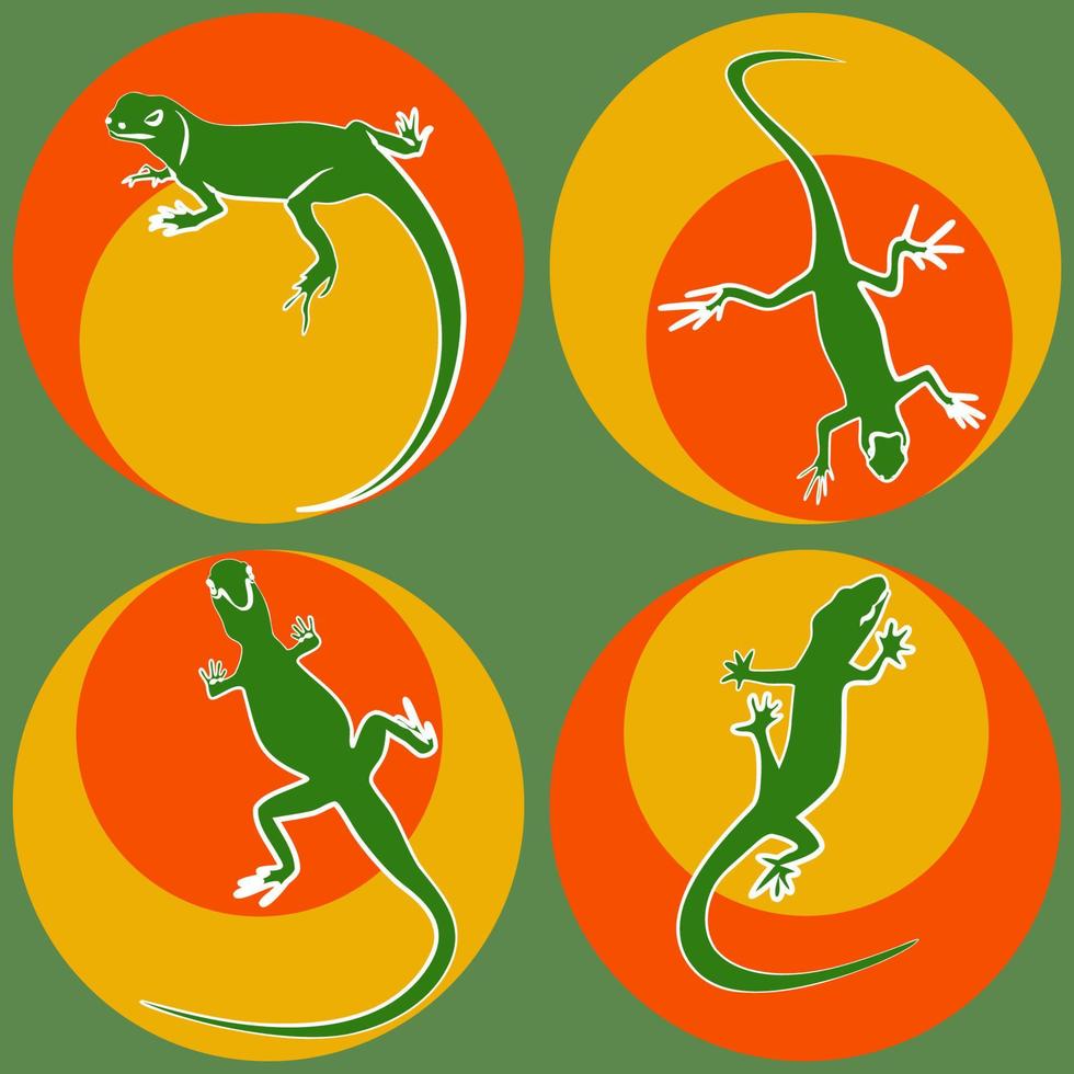 conjunto de silhueta de lagartos verdes com contorno branco na ilustração vetorial de manchas multicilired brilhantes vetor