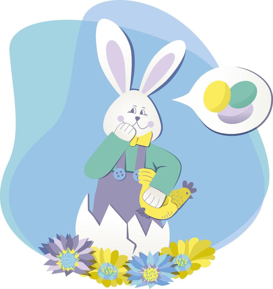 ilustração de páscoa engraçada e fofa, coelho, ovos, frango, flores, ilustração em vetor de cor macia de história divertida