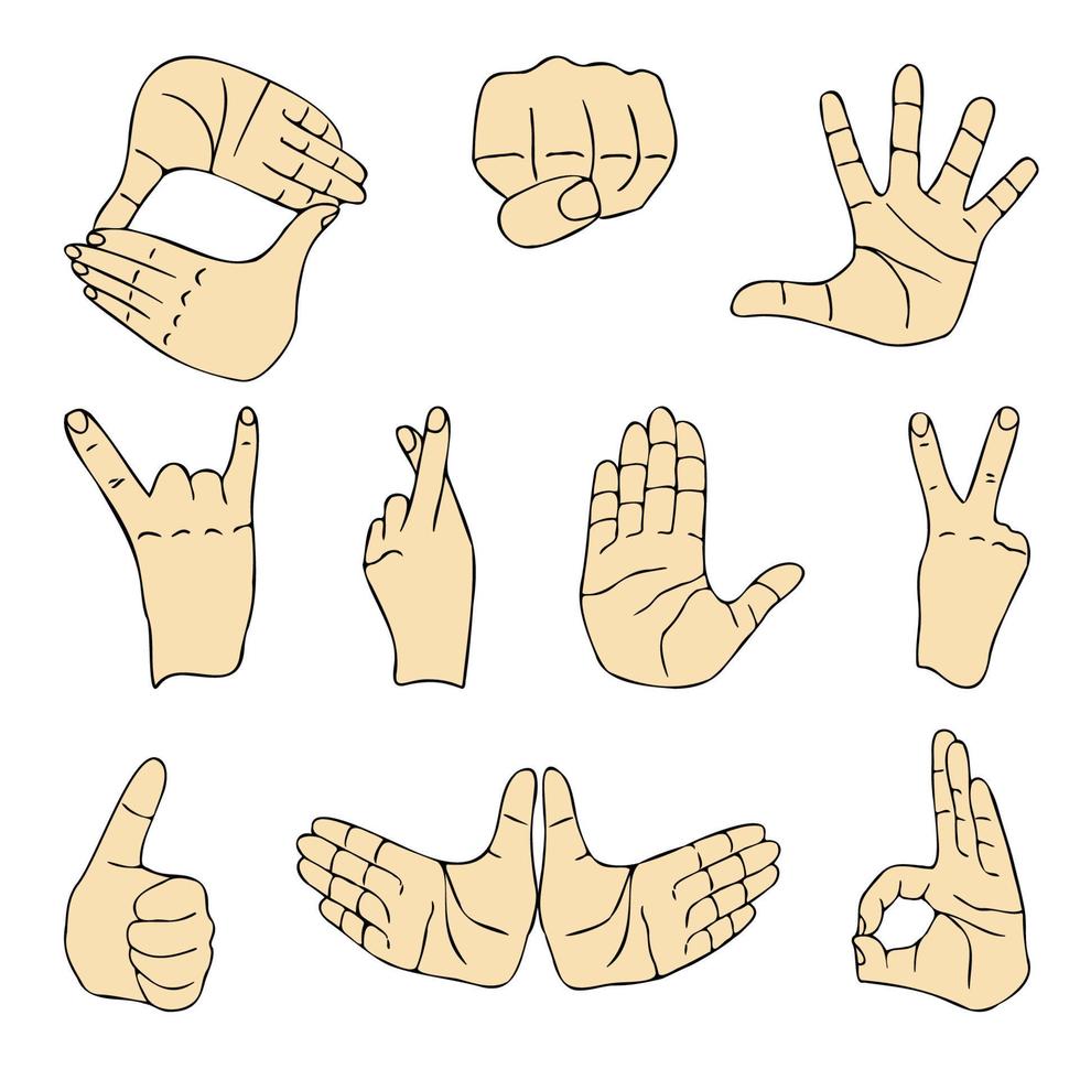 gestos de mãos conjunto de esboço de tinta desenhada de mão. polegar para cima, ok, super, punho, dedos cruzados, sinal de paz, ilustração em vetor gesto popular de palma aberta