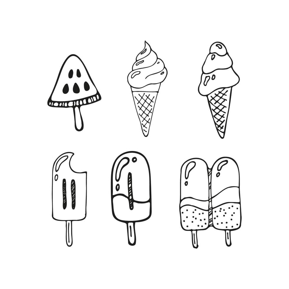 conjunto desenhado à mão de cone de waffle de sorvete doodle. desenho ilustração vetorial de estilo para menu de café, cartão, decoração de cartão de aniversário. vetor