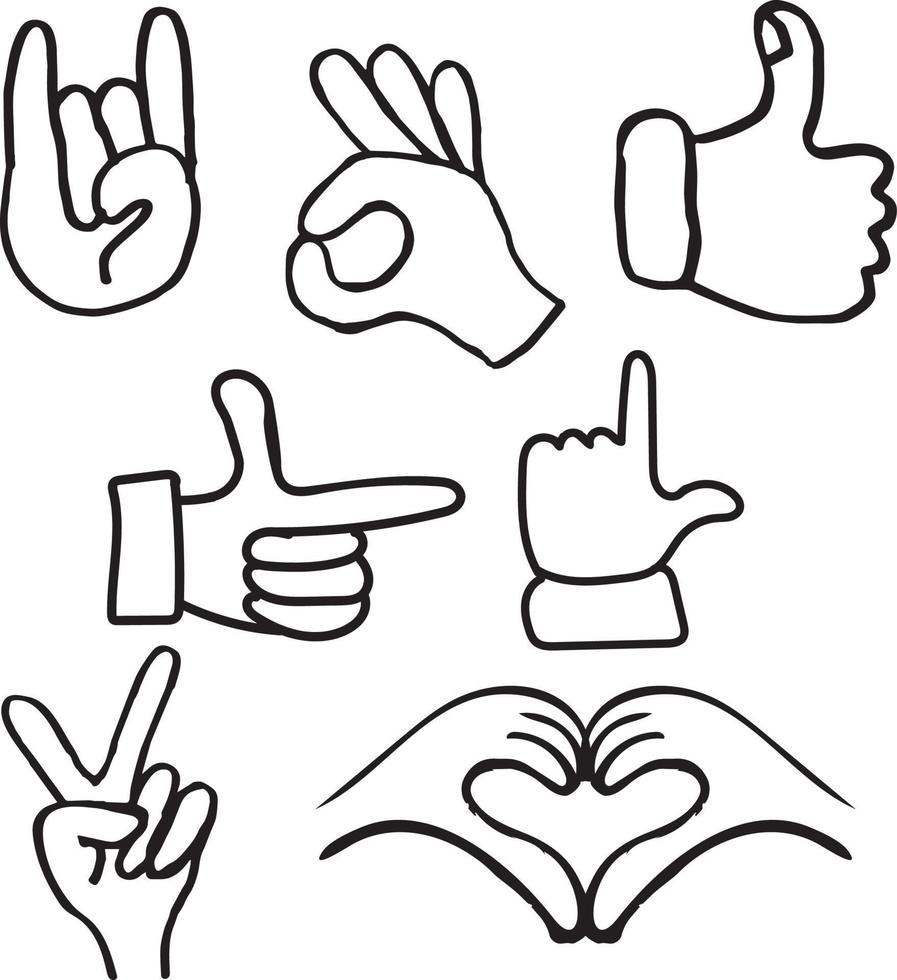 paz, rock, amor, ok, como sinais e gestos de mão sinais e símbolos de doodle desenhados à mão vetor