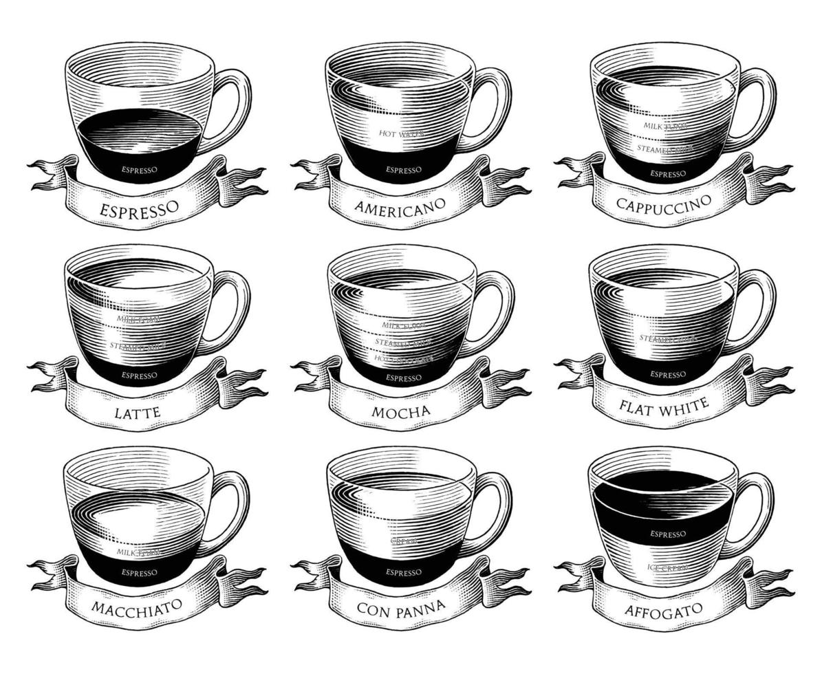 diferentes tipos de fórmula de café mão desenhar estilo de gravura vintage clip-art preto e branco isolado no fundo branco vetor