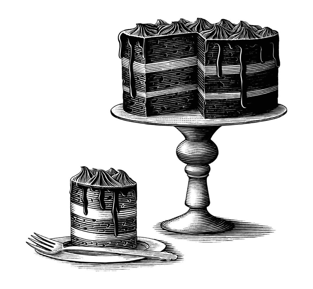 bolo de brownie mão desenhada vintage estilo de gravura clip-art preto e branco isolado no fundo branco vetor