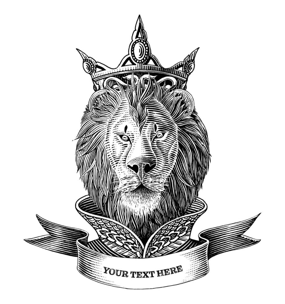 o logotipo do rei leão com banner mão desenhar ilustração de gravura vintage clip-art preto e branco isolado no fundo branco vetor