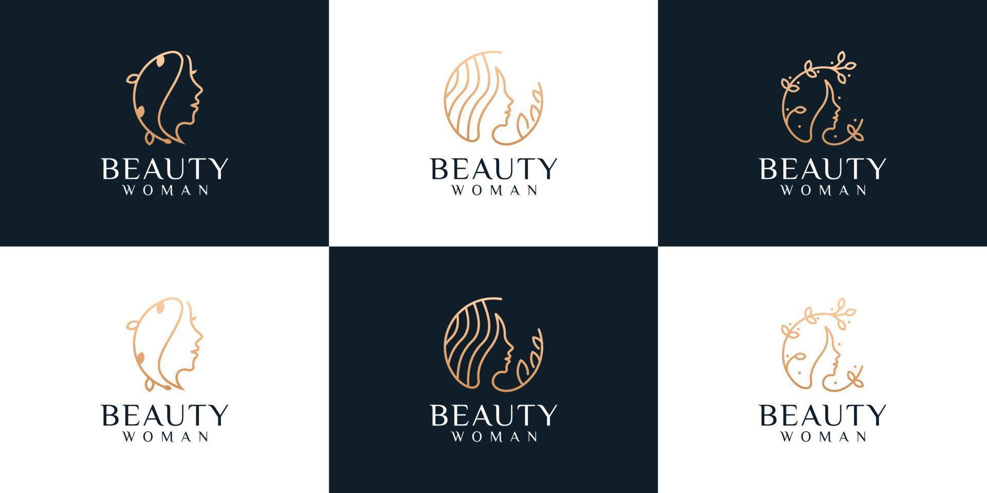 conjunto de logotipo de penteado de monograma de rosto de mulher de beleza vetor