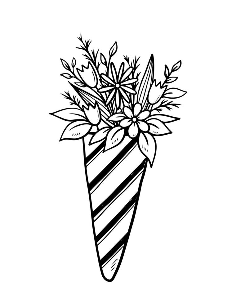 um buquê de flores com margaridas, tulipas e folhas em um pacote festivo. presente para o evento. ilustração vetorial desenhada à mão em estilo doodle. perfeito para cartões, logotipo, convites, designs de aniversário. vetor