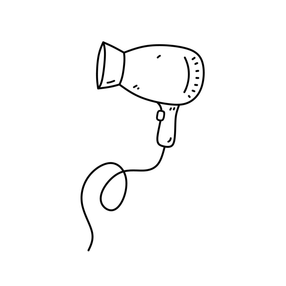 secador de cabelo isolado no fundo branco. ferramentas de cuidados com o cabelo. ilustração vetorial desenhada à mão em estilo doodle. perfeito para cartões, decorações, logotipo, vários designs. vetor