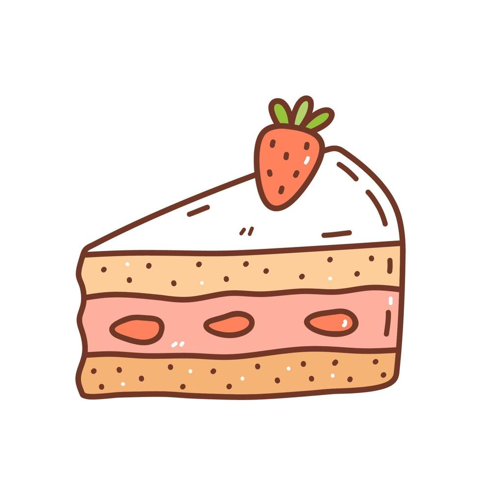 pedaço de bolo de morango isolado no fundo branco. sobremesa fofa decorada com frutas. ilustração vetorial desenhada à mão em estilo doodle. perfeito para projetos de férias, cartões, decorações, logotipo, menu. vetor