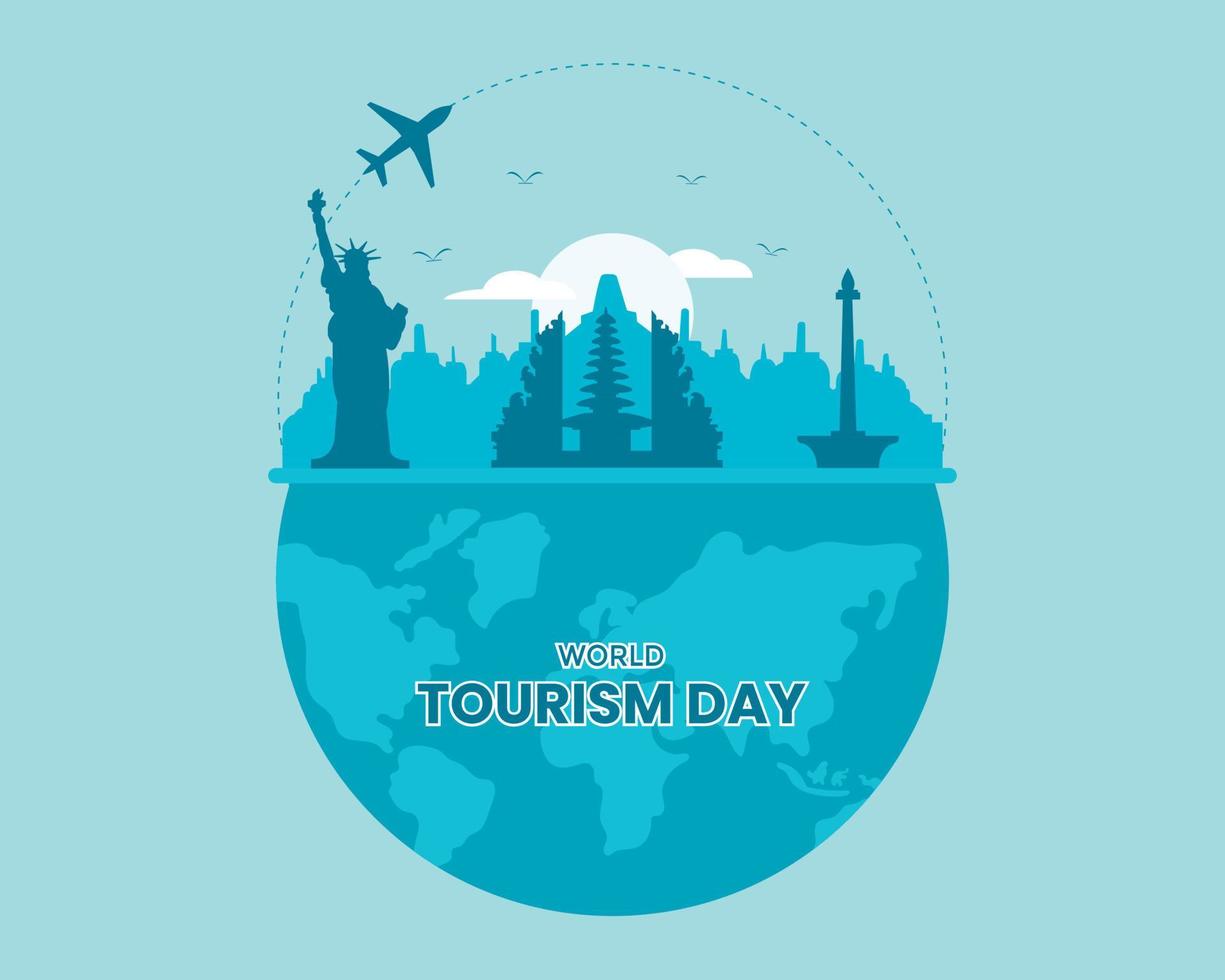 dia mundial do turismo com ilustração plana de globo e marco vetor