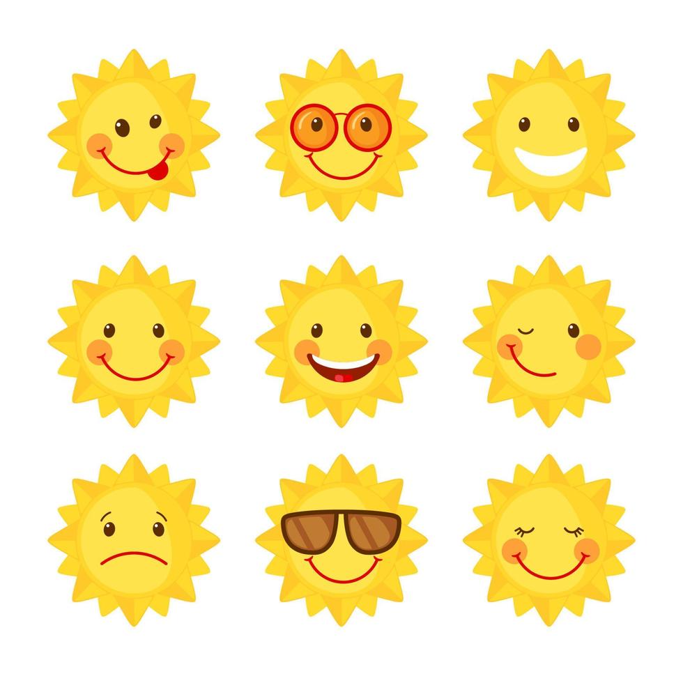 conjunto de ícones de sol bonito em estilo simples, isolado no fundo branco. emoji. sorrindo emoticons de verão dos desenhos animados. ilustração vetorial. vetor