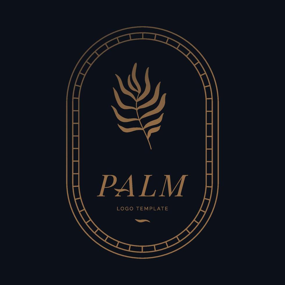 logotipo de vetor e modelo de emblema com folha de palmeira dourada no quadro em fundo preto. para salões de spa e cosméticos