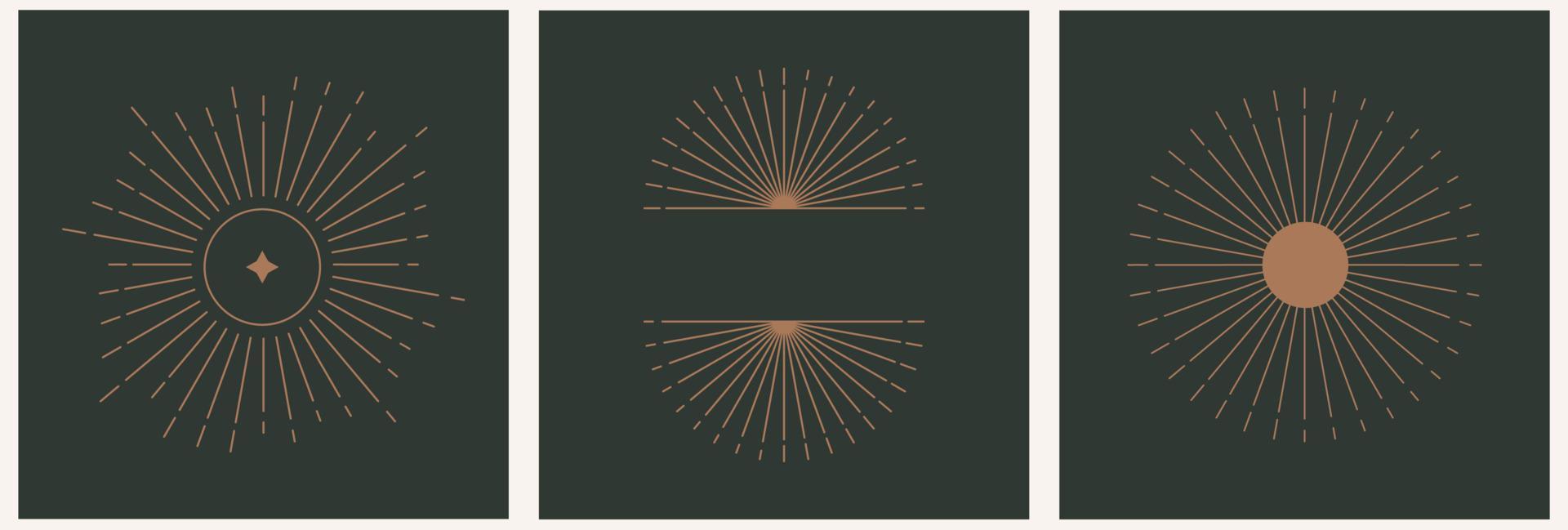 logotipo de modelo de conjunto linear místico com pôr do sol geométrico, arcos abstratos em estilo linear moderno em um fundo escuro. impressão abstrata celestial e mágica. vetor