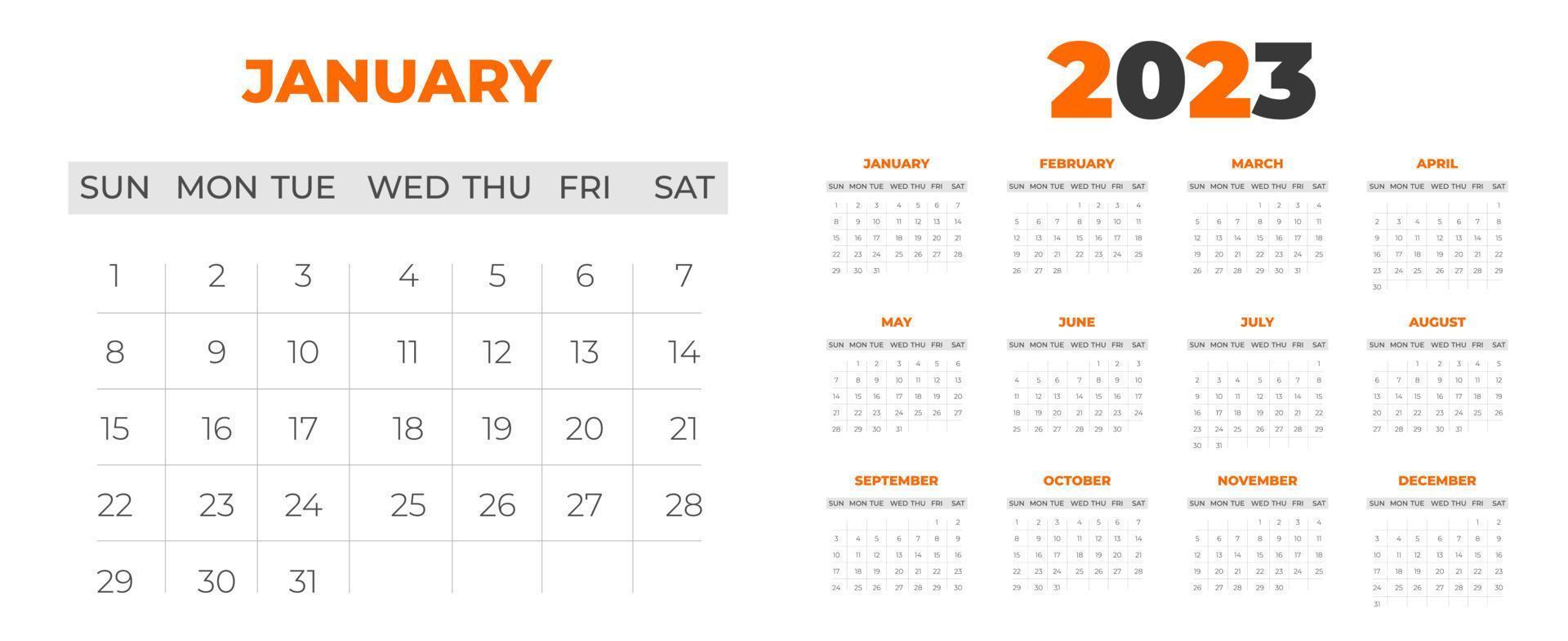 modelo de design de calendário de parede 2023 com cor laranja vetor