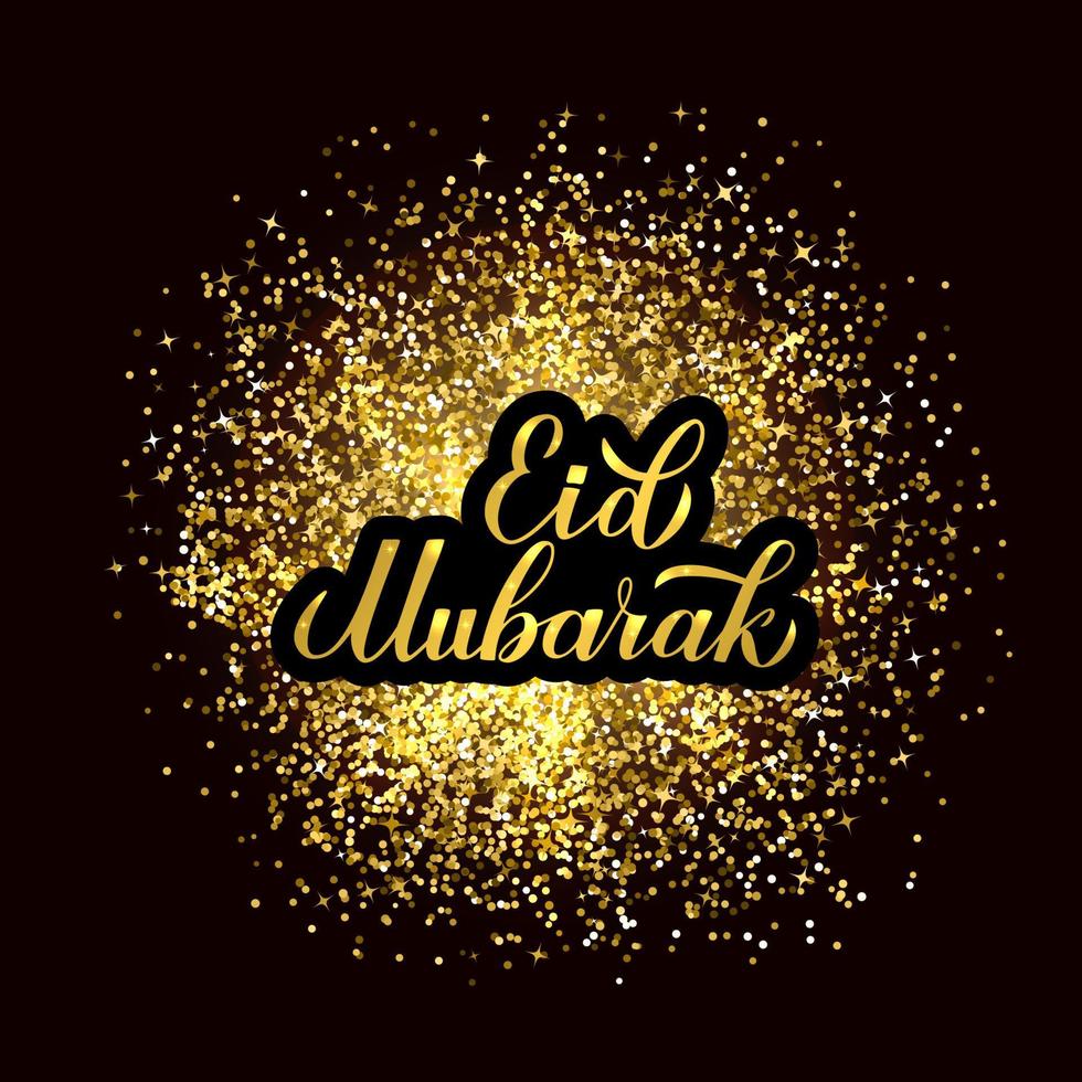 letras de mão de caligrafia eid mubarak em fundo de textura de glitter dourados. ilustração vetorial tradicional islâmica. modelo fácil de editar para banner, cartão de felicitações, panfleto, pôster, convite, etc. vetor