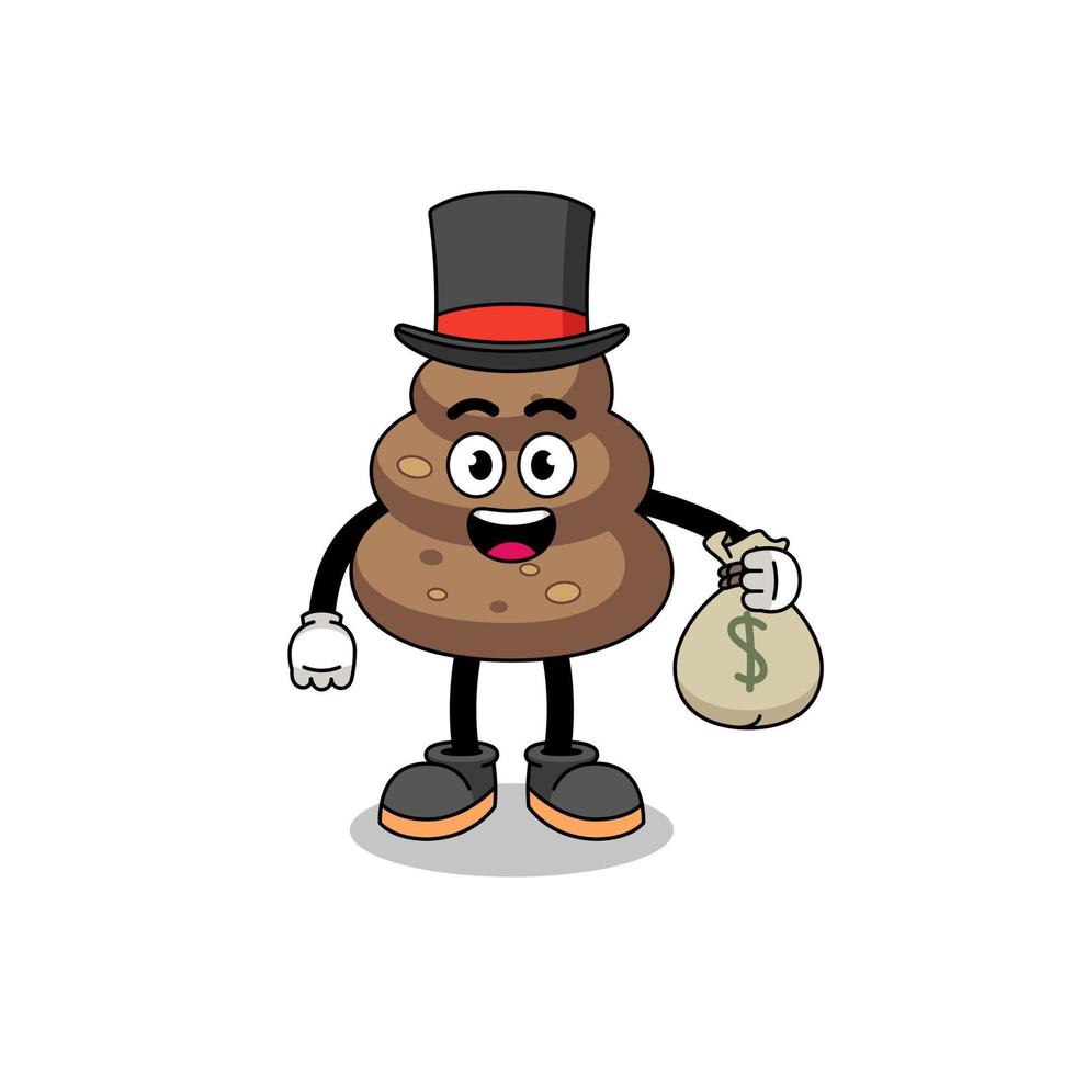 ilustração de mascote de cocô homem rico segurando um saco de dinheiro vetor