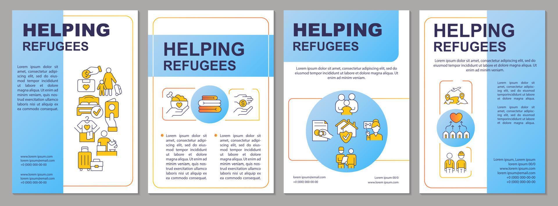 ajudando o modelo de folheto azul de refugiados. apoiar fugitivos. design de folheto com ícones lineares. 4 layouts vetoriais para apresentação, relatórios anuais. vetor