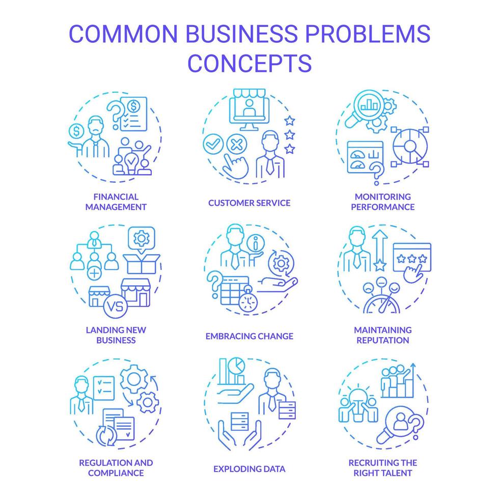 conjunto de ícones de conceito gradiente azul de problemas comuns de negócios. monitorar ilustrações de cores de linha fina de ideia de desempenho. gestão financeira. símbolos isolados. vetor