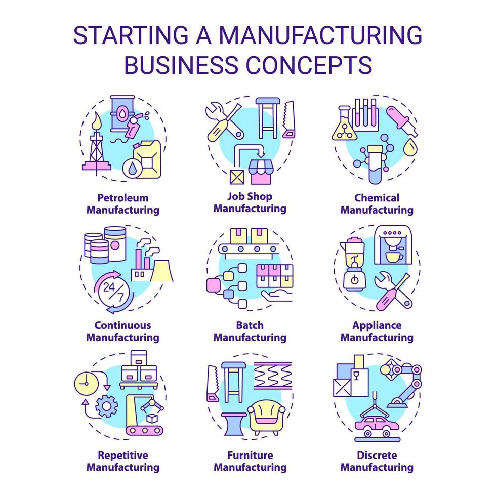 começando o conjunto de ícones de conceito de negócio de fabricação. ilustração de cores de linha fina de ideia de processo de produção. símbolos isolados. traço editável. vetor