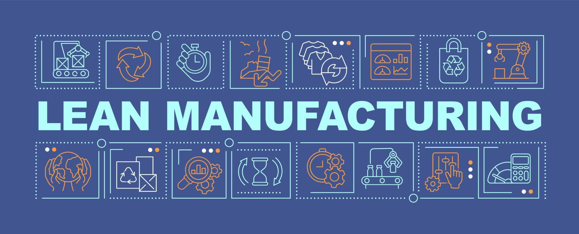 Conceitos de palavra de fabricação magra banner azul escuro. produção de mercadorias. infográficos com ícones na cor de fundo. tipografia isolada. ilustração vetorial com texto. vetor