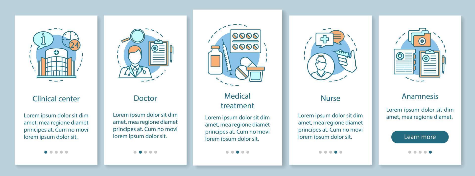 medicina e saúde onboarding modelo de vetor de tela de página de aplicativo móvel. cuidados médicos, paciente de tratamento. hospital. etapas do site com ilustrações lineares. ux, ui, gui conceito de interface de smartphone