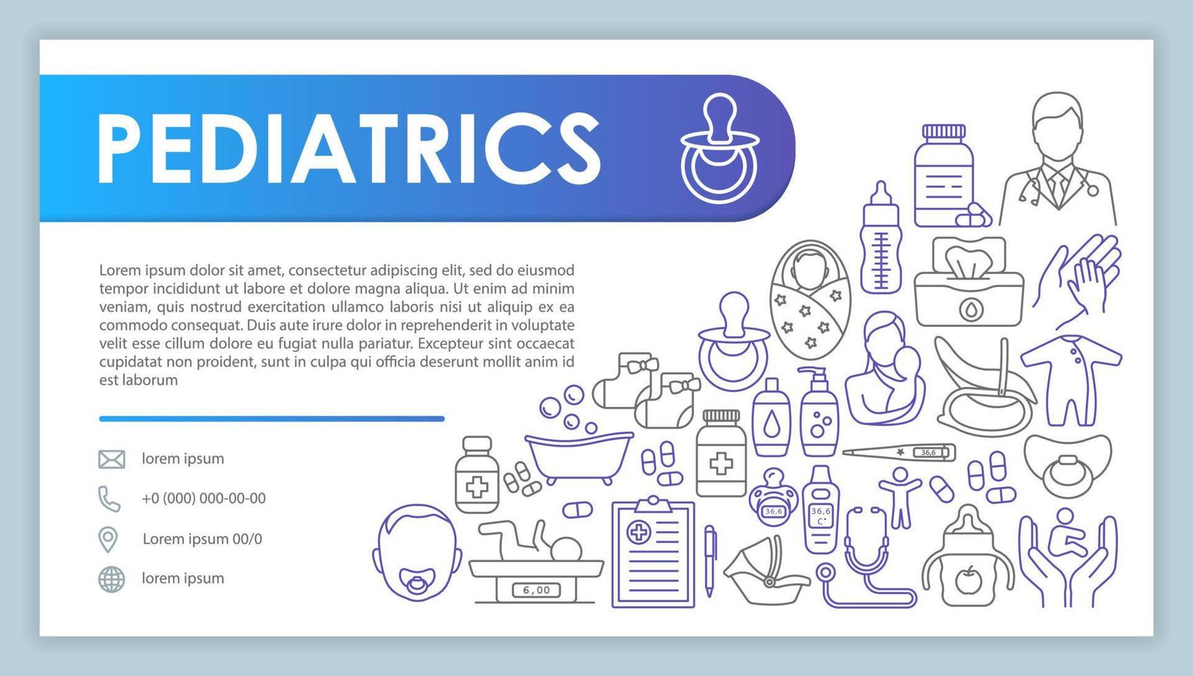 banner web de pediatria, modelo de vetor de cartão de visita. página de contato da clínica infantil com telefone, ícones lineares de e-mail. apresentação, ideia de página da web. layout de design de impressão corporativa do hospital maternidade