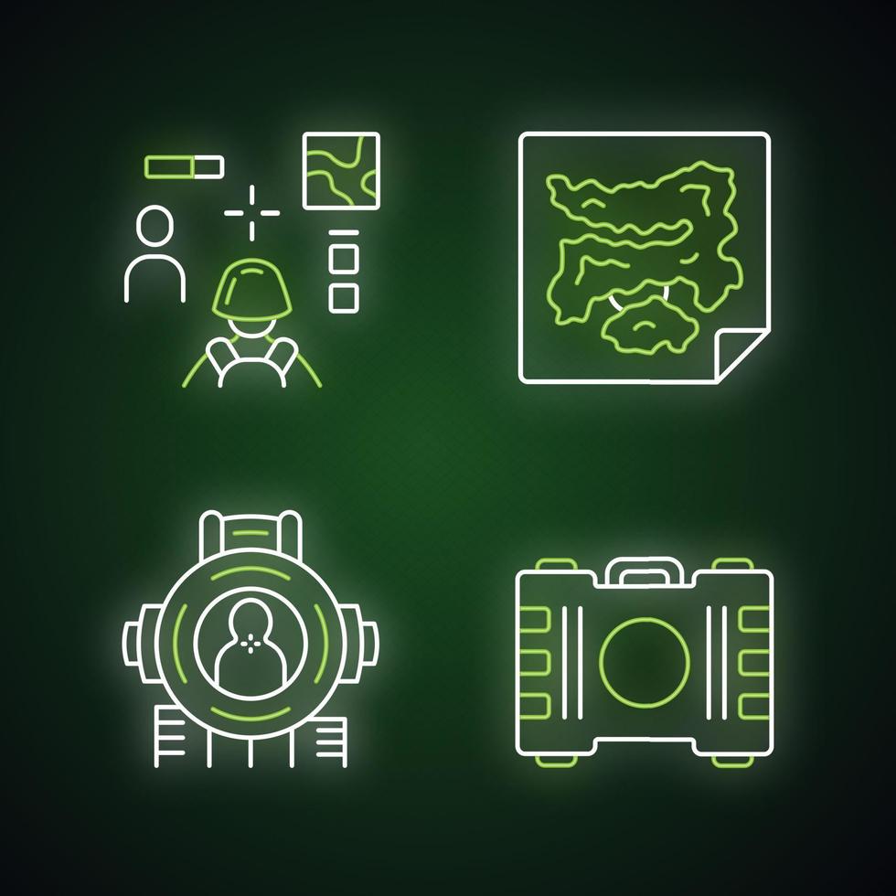 conjunto de ícones de luz neon de inventário de jogos online. Atirador 3D,  mapa do mundo