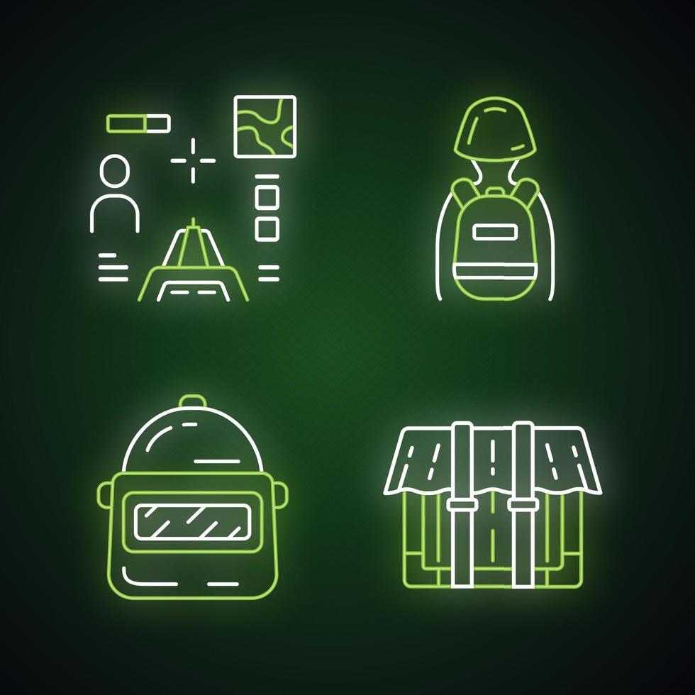 conjunto de ícones de luz neon de inventário de jogos online. atirador de primeira pessoa. mochila tática, capacete protetor, recipiente, pacote. equipamento de batalha, itens. sinais brilhantes. ilustrações vetoriais isoladas vetor