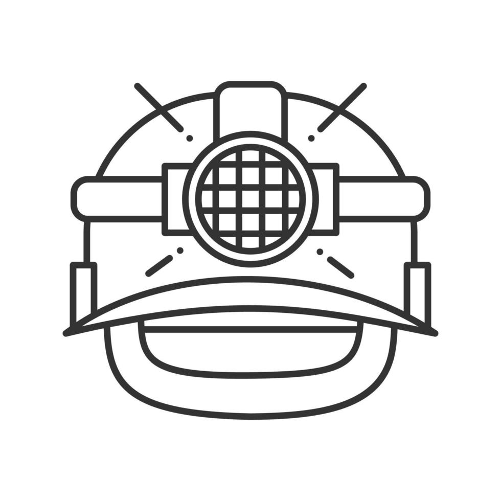 ícone linear de capacete de segurança industrial. capacete mineiro com luz. ilustração de linha fina. símbolo de contorno. desenho de contorno isolado de vetor