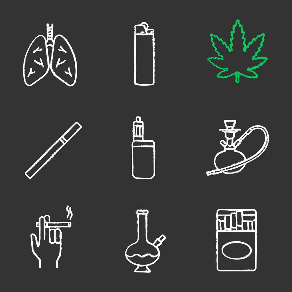 conjunto de ícones de giz de fumar. pulmões humanos, isqueiro, folha de maconha, maço de cigarros, narguilé, mão de fumante, bong, vape. ilustrações de quadro-negro vetoriais isolados vetor