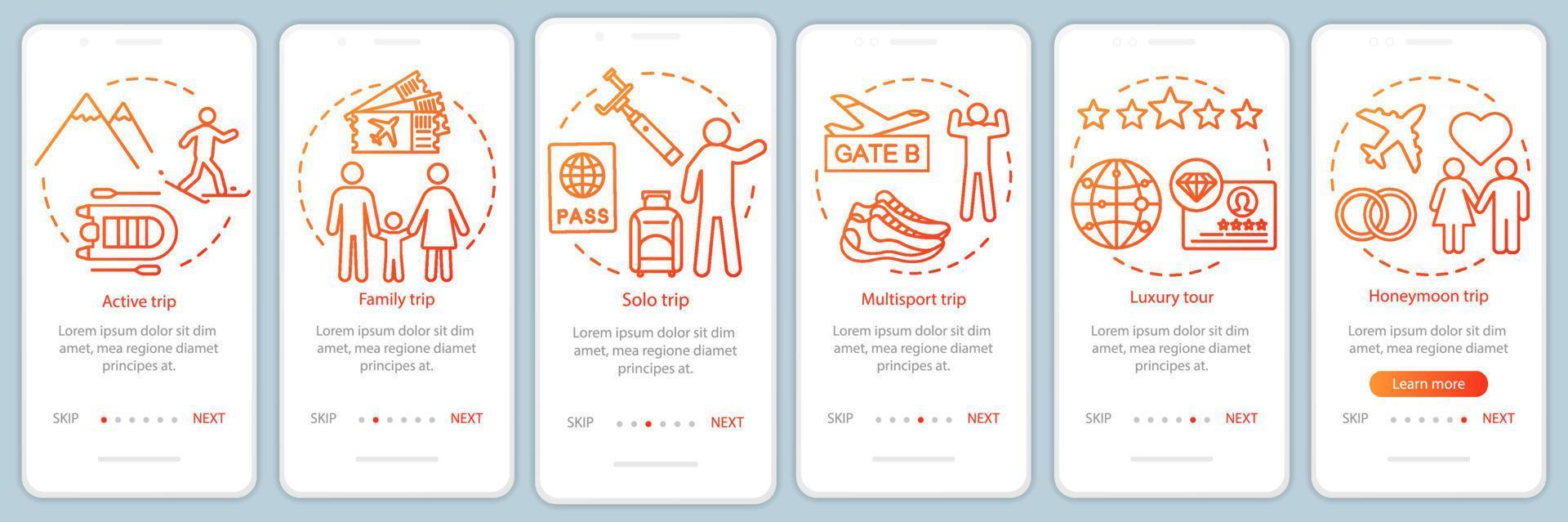 estilos de viagem integrando a tela da página do aplicativo móvel com conceitos lineares. viagem solitária. seis passos passo a passo instruções gráficas. passeio de luxo e multiesportivo. ux, ui, modelo de vetor gui com ilustrações