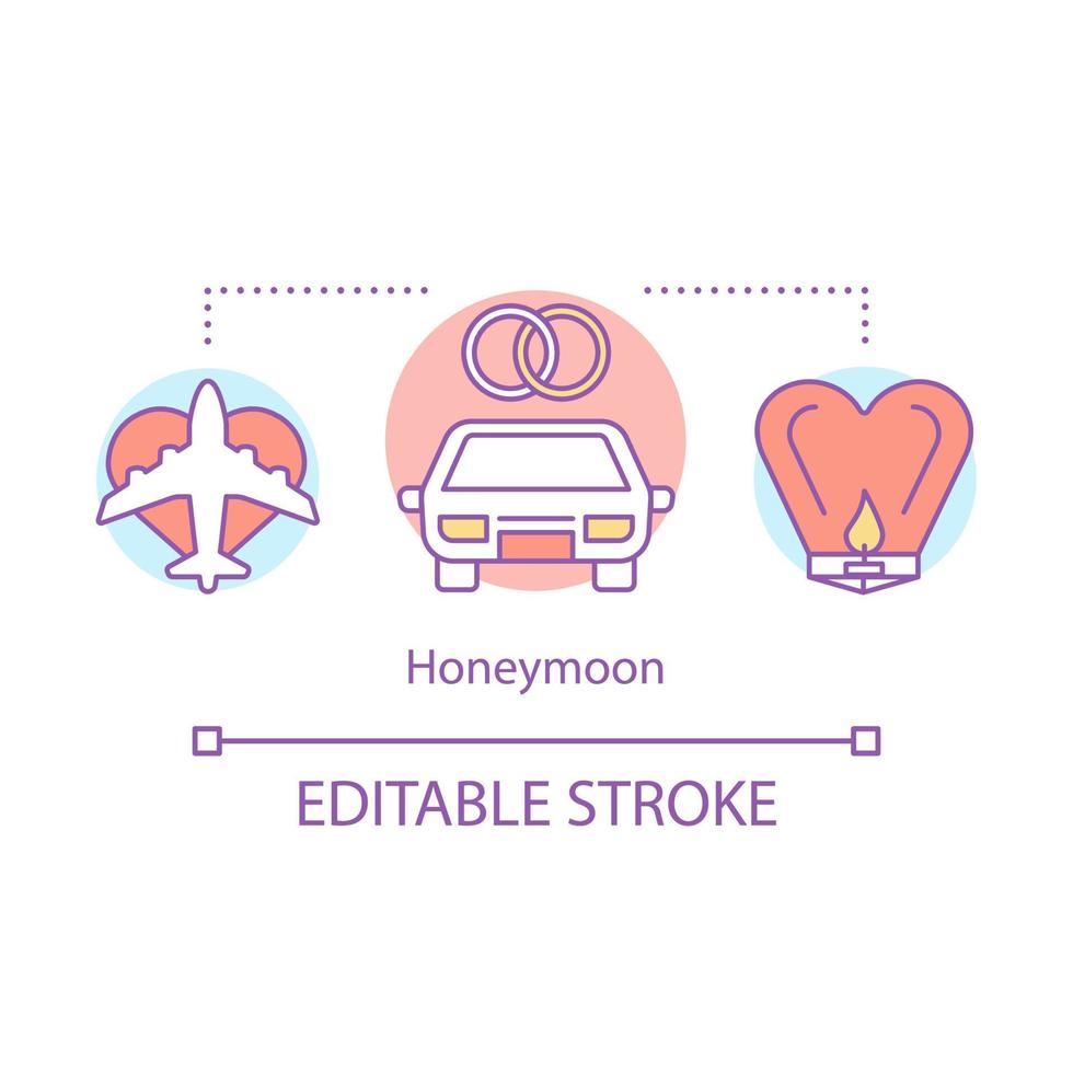 ícone do conceito de lua de mel. ilustração de linha fina de ideia viajando. período romântico. Passeios pela cidade. viagem de férias de recém-casados. desenho de contorno isolado de vetor. traço editável vetor