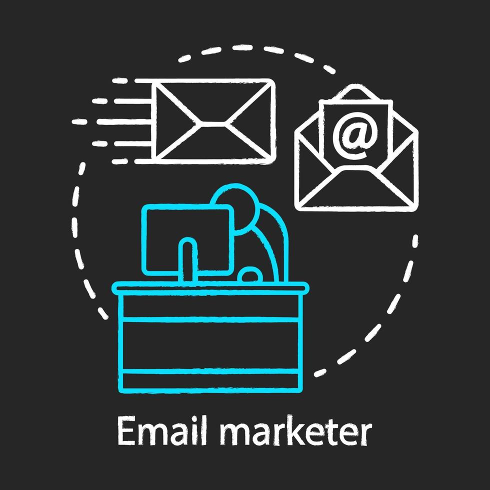 ícone de conceito de giz de comerciante de e-mail. idéia de gerenciamento de bancos de dados de e-mail. criação de boletins informativos, tecnologia web. envio em massa. especialidade de marketing digital. ilustração de lousa isolada em vetor