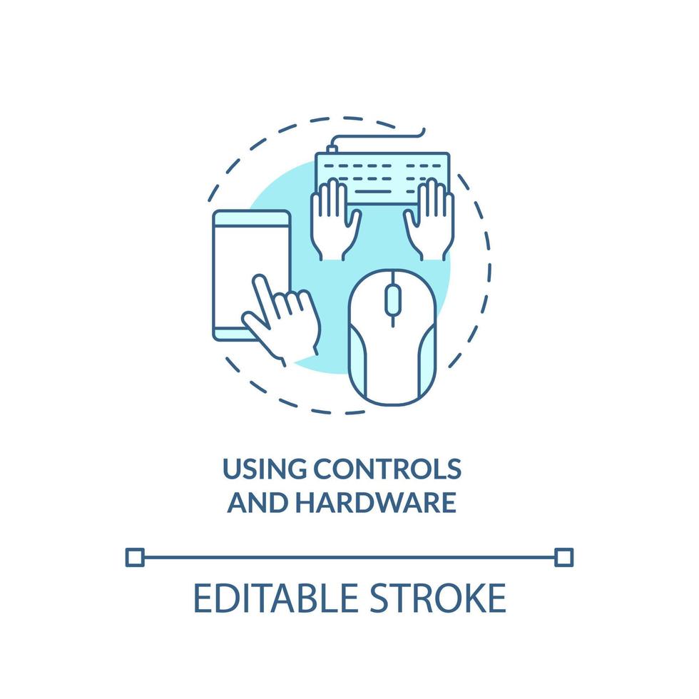 usando controles e ícone de conceito turquesa de hardware. habilidades de fundação básica digital idéia abstrata ilustração de linha fina. desenho de contorno isolado. traço editável vetor