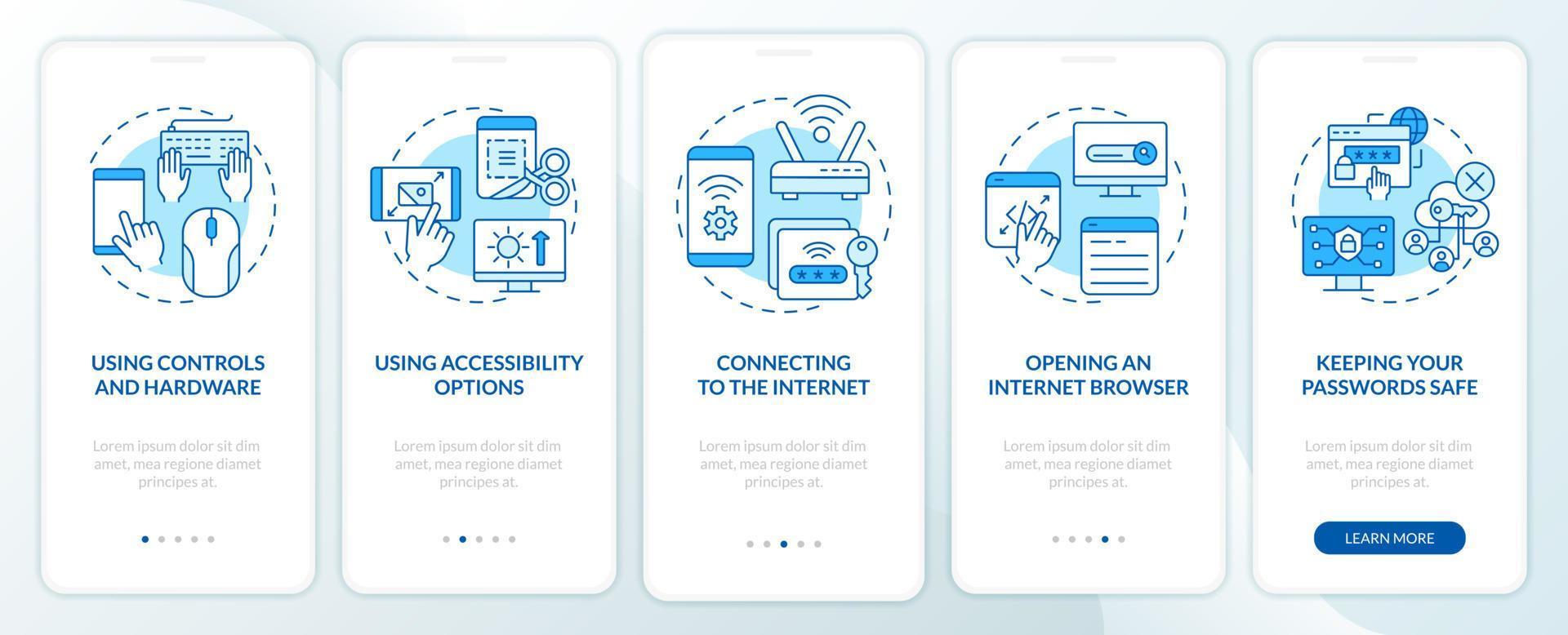 tela de aplicativo móvel de integração azul de habilidades básicas digitais. passo a passo 5 passos páginas de instruções gráficas com conceitos lineares. ui, ux, modelo de gui vetor