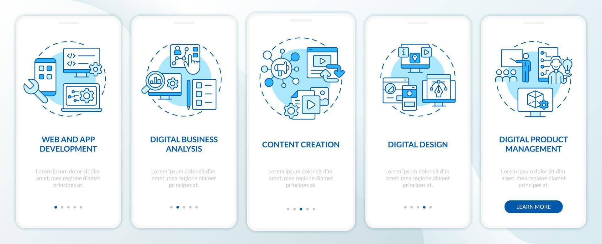 tela de aplicativo móvel de integração azul de habilidades digitais avançadas. passo a passo 5 passos páginas de instruções gráficas com conceitos lineares. ui, ux, modelo de gui vetor